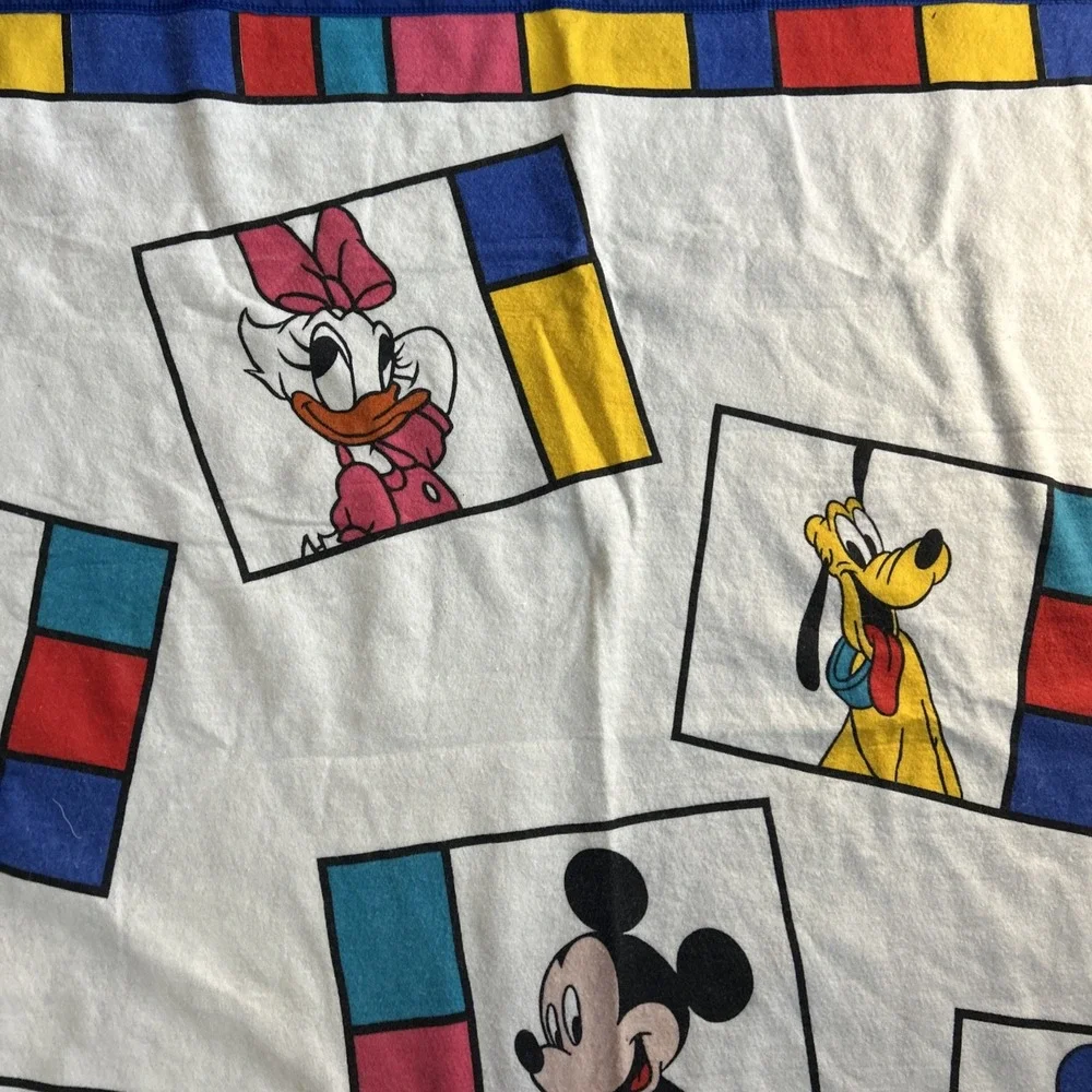 Vintage Disney Mickey Goofy‎ Minnie Donald Color Block Full Blanket 87x69 USA